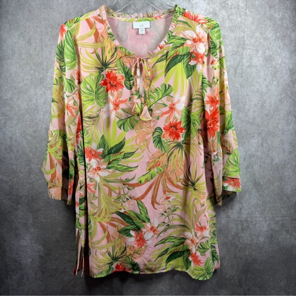 J. Jill Green and Pink Floral 3/4 Sleeve Tie Front Tunic
